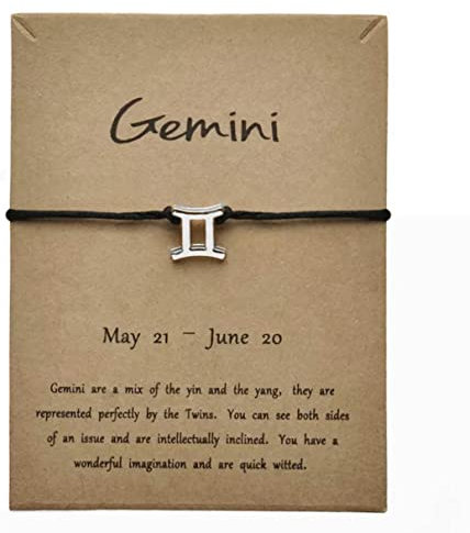 Silver Star Sign Black Rope Pendant Bracelet - Gemini (21st May - 21st June) - Zodiac Constellation Horoscope Celestial Astrology Jewellery - Women Men Gift