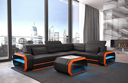 Ecksofa Verona Ledersofa L Form Sofa - mit LED Beleuchtung, verstellbare Kopfstützen/Lederfarben wählbar/Ausrichtung wählbar (Ecke rechts, Schwarz-Orange)