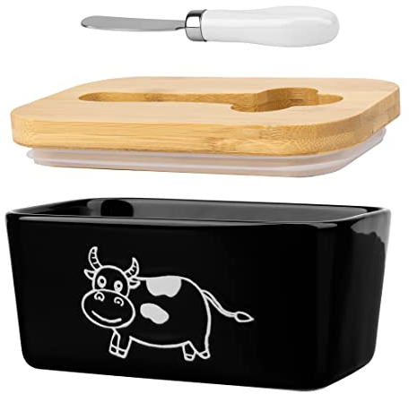 Roponan Butter Dish with Wooden Lid and Butter Knife, 650ml Porcelain Butter Dish, Large Butter Container for Cooking or Dining (Black)
