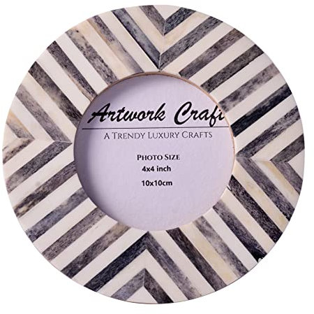 Artwork Craft Handgefertigter runder Bilderrahmen aus Knochen, Chevron-Fischgrätenmuster, inspiriert von Vintage-Tischplatte/Wanddekoration, Kreisrahmen, 10,2 x 10,2 cm, Grau