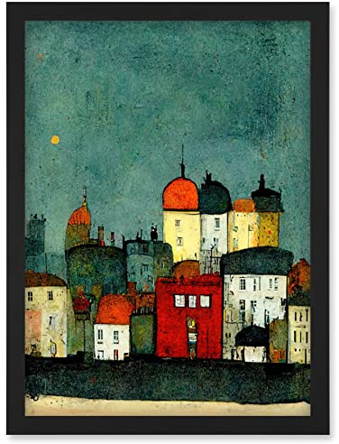 Doppelganger33 LTD Playful Town Skyline Scene At Night With Pastels And Ink Artwork Framed Wall Art Print A4