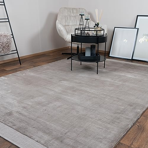 Consilio Concept 80 x 150 Teppich Wohnzimmer Taupe luxuriös Viskose Seidenglanz moderner Wohnzimmerteppich weich Soft Luxus Zertifiziert Made in Germany Design Manufaktur Markenteppich Oeko TEX