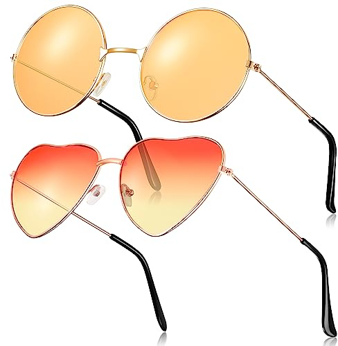 Fiada 2 Paar Hippie Sonnenbrillen Retro Damen Hippie Brillen Hippie Kostüm Sonnenbrille für Herren Damen Party Festival (Orange)