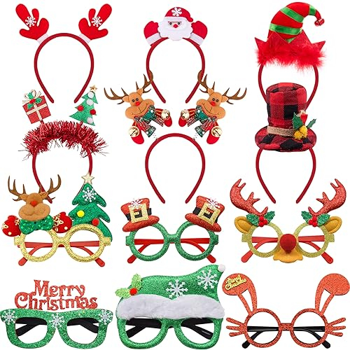 SIQUK 12 Stück Weihnachten Haarreifen Weihnachten Brille Rahmen Set, Stirnbänder Weihnachten Brillen Weihnachts Kopfschmuck Weihnachtsbaum Brillenrahmen für Weihnachs Party Kostüm