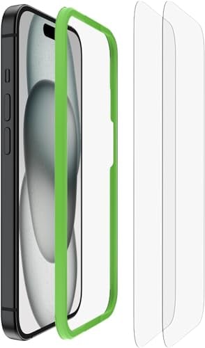 Belkin ScreenForce TemperedGlass Protector de Pantalla para iPhone 16, antiarañazos, marco de alineación fácil para aplicación sin burbujas, cristal templado para iPhone 16 y iPhone 15, paquete de 2