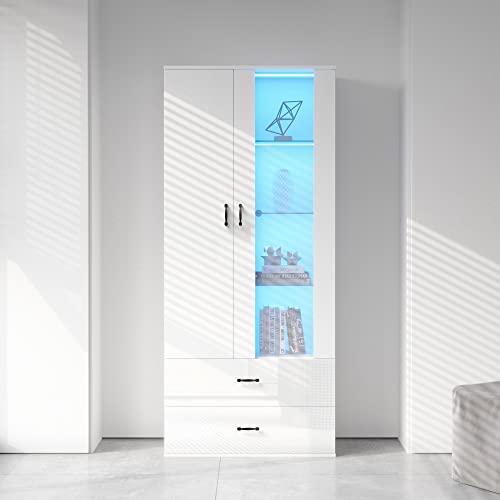 KecDuey Vitrine haute en verre blanc brillant avec lumières LED en 16 couleurs, 2 tiroirs avec portes en verre, vitrine sur pied, armoire murale de salon, buffet, étagère haute