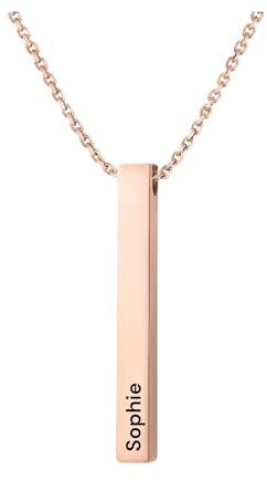 Personalised Name 3D Long Bar Necklace in Silver, Gold and Rose Gold, Custom Engraved Jewellery With Gift Box (Rose gold)