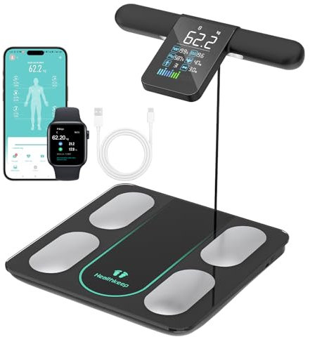 Healthkeep Personenwaage, vernetzt, Körperanalysewaage mit 8 Elektroden, 21 Körperdaten, VA-Anzeige, BIA-Messung mit doppelter Frequenz, mit App für Android und iOS, max. 180 kg/400 lb/28st