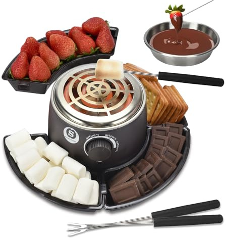 S SANGLE SOPFFY Sanle Sopffy 2-in-1 Elektrischer S'Mores-Maker und Fondue-Kocher, S'Mores internes Tischbauset mit 4 Backgabeln und 1 flammenlosen Wärmer mit Tempe-Steuerung