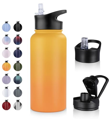 UMBFUN Insulated Water Bottle - 1L 2 Lids (Straw Lid and Spout Lid) - with Straw,Stainless Steel Double-Walled Insulated Vacuum Leakproof,BPA Free,Drink Flask for Travel Sports Gym Camping Hiking