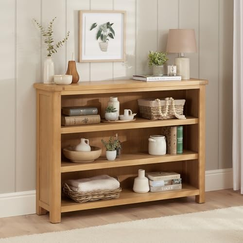 The Furniture Market Marbury Oak | Wide Low Large Bookcase | Fully Assembled | 3 Open Shelves | Adjustable Height | Rounded Corners | Country Style | H 970 x W 1350 x D 340mm