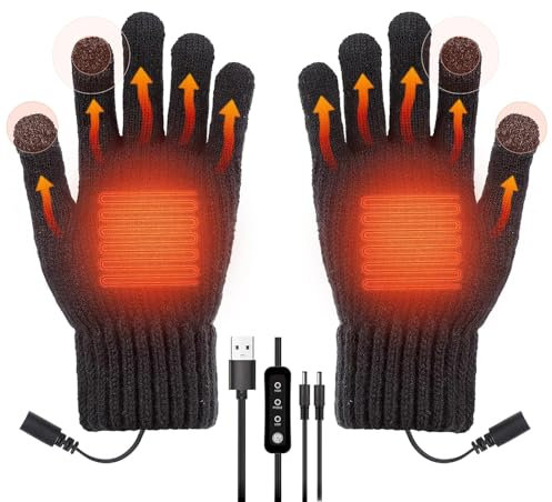 COMBLU Beheizte Handschuhe, USB Beheizte Handschuhe für Männer Frauen, Vollfinger Heizung Warme Strickhandschuhe mit 3 Temperaturstufen Handwärmer Handschuhe für Kalten Winter, Schwarz , G