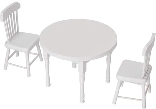 Quintrost 3 Stück Mini Tisch und Stuhl Ornamente, 1:12 Puppenhaus Schreibtischstuhl Set Miniatur Simulierter Schreibtischstuhl, Vintage Runden Tisch Mini Möbel Modell Zubehör (Weiß)