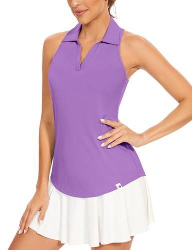 Soneven Polo da donna senza maniche, sportiva a coste, scollo a V, funzionale, traspirante, ad asciugatura rapida, per golf tennis, Lilla, S