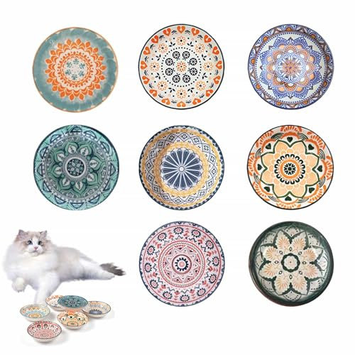 Ceramic Cat & Dog Bowls - 8 Colorful Boho Style Shallow Dishes, 5.5'' Wide, 8.5 oz for Kittens, Puppies
