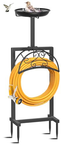 Ouinis Garden Hose Holder Hanger Freestanding, Upgraded 4 Spikes Heavy Duty Storage Reel Stand with Bird Feeders, Holds 150ft Hose for Outside Garden Patio Lawn Backyard Decor