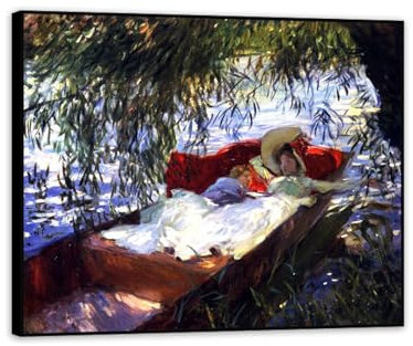 Hau3sh3a John Singer Sargent Canvas Wall Art,Two Women Asleep in a Punt,Poster Famous art Reproduction Painting Artwork for Living Room Wall Decor35x30cm(14x12in) Black Framed