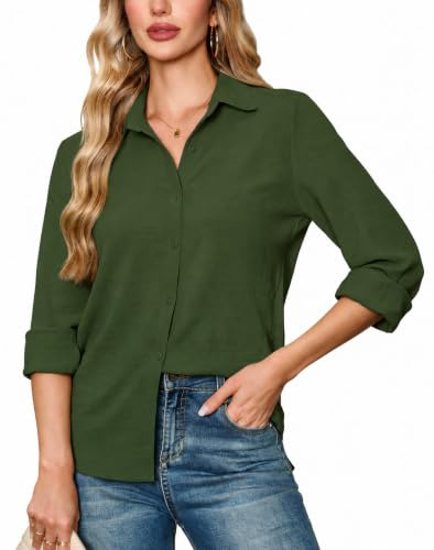 FaerieFlair Women's Blouses Elegant V Neck Button Down Shirts Loose Fit Casual Plain Long Sleeve Business Casual Tops