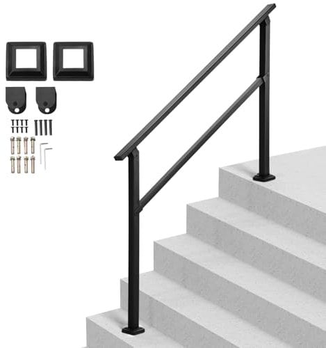 VEVOR Pasamanos de Exterior para Escalera Kit de Barandilla para 4 a 5 Escalones Tubo Cuadrado con Barra Horizontal Rieles de Soporte de Acero al Carbono para Escaleras de Hormigón, Terraza, Negro