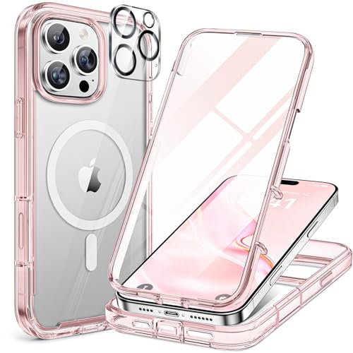 Miracase Magnetic Case for iPhone 16 Pro Case 6.3-Inch, Full Body Bumper Case Compatible with MagSafe and Built-in 9H Tempered Glass Screen Protector + Camera Lens Protector (Clear Pink)