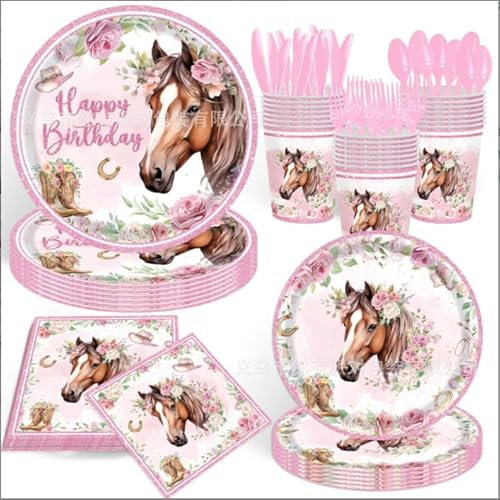 Pferd Partygeschirr Set für 10 Gäste – Pferde Geburtstag Deko Kinder mit Pappteller 9/7, Tassen, Servietten – Party Einweggeschirr für Mädchen Jungen Partyzubehör Dekoration Kindergeburtstag