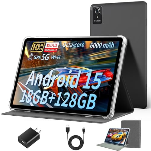 10 Inch Tablet, 2025 Android 15 Newest Tablets, 18GB + 128GB, 1TB Expand, Widevine L1 Compatible with Octa-Core Tablet with WiFi 6, 6000mAh Battery, Dual Camera(5MP+8MP)