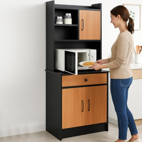 BAKAJI Armadio da Cucina Alto Multiuso, Credenza Mobile da Soggiorno, Sala da Pranzo, Salvaspazio, Sistema di Sicurezza, Mobiletto Dispensa con 2 Ante e 1 Cassetto, 55 x 40 x 180 cm (Nero e Quercia)