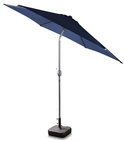 Alfresia 2.7 Metre Parasol with 22L Square Base Included - Round with Push Button Tilt, Outdoor Table Parasol Umbrella with Crank Handle, Garden Patio Sun Shade, Blue, Easy Assemble