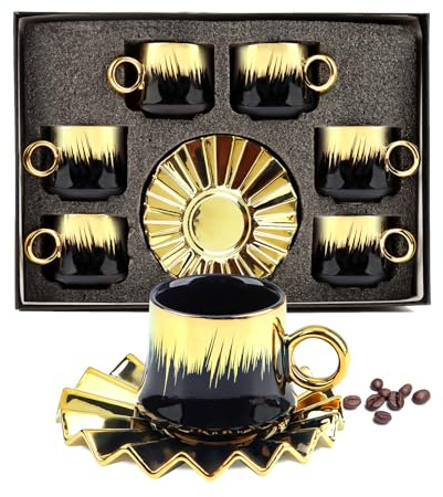 Goldmeet 12-Piece Porcelain Tea Set, European Ceramic Coffee Cups & Saucers (100ml), 6 Cups 6 Saucers, Gold Trim, Afternoon Tea Service, Gift Box Included