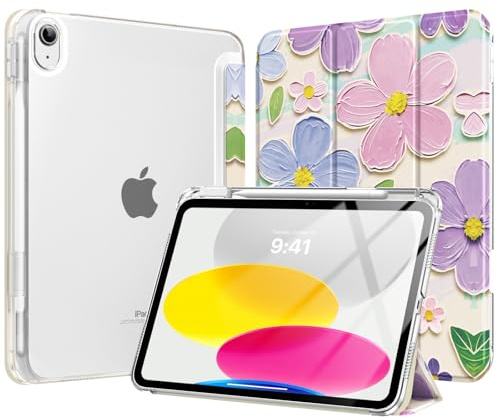 MoKo for iPad (A16) 11th Generation Case 11 Inch 2025 with Pencil Holder | For iPad 10th Generation Case 10.9 Inch 2022, Light Trifold Protective Cover with Hard PC Clear Back Shell, Painting Flowers