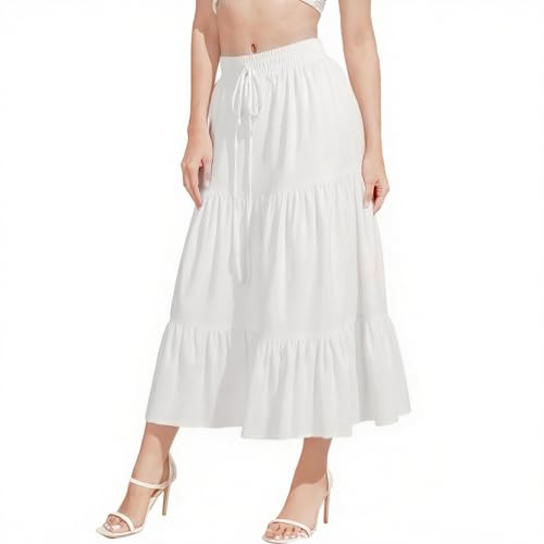 DiULi Long Skirts for Women, Lightweight Flowy Boho Long Skirt | A-Line Tiered Ruffle Design, High Elastic Waist with Decorative Drawstring, for Summer Beach Vacation