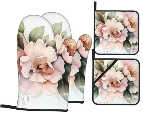Pink Watercolor Flowers 4 Piece Oven Mitts And Pot Holders Set – Heat Resistant Waterproof Kitchen Gloves, Hot Pads With Pocket