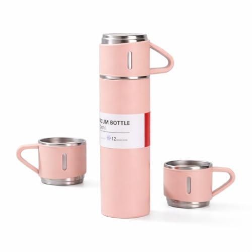 Stainless Steel Vacuum Insulated Thermal Flask Set with 2 Cups, 500ml/16.7oz, Pink, Hot and Cold Drink Travel Bottle