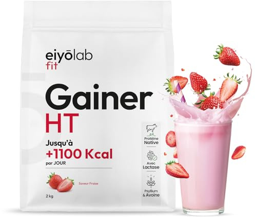 GAINER HT | 2 Sources de Protéines Natives + 2 Sources de Glucides + MCT | Gainer Prise de Masse Musculation | Whey + Caséine + Maltodextrine + Psyllium | Boisson Shaker Goût Fraise | 2kg | Eiyolab