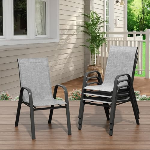 GarveeLife Gartenstühle 4er Set – Stapelbare Textilene Gartenstühle aus Metall, Outdoor Stühle Set wetterfest & rostbeständig, Terrassenstühle 4er Set für Garten, Balkon & Terrasse (Grau, 4-Set)