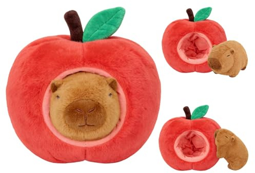 Plüschtier Capybara Kuscheltier mit Baby 2 in 1 Apfel Capybara Kissen 25CM | Abnehmbar Capybara Stofftier Baumwolle Capibara Spielzeug Kawaii Wasserschwein Plüschtier Weich für Geburtstage Weihnachten