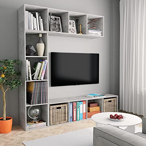 Foknhdi 3-TLG Bücherschrank Set Betongrau Bücherregal TV-Schrank Wandschrank 180x30x180 cm Holzwerkstoff Modernes Design mit 12 Fächern für Wohnzimmer Schlafzimmer Flur