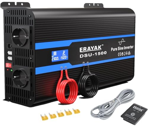 Erayak Spannungswandler 12V auf 230V Reiner Sinus Wechselrichter 1500W/3000W mit 6m Fernbedienung und LED-Anzeige für Fahrzeuge Kfz Solar Auto Wohnmobil Haushaltsgeräten