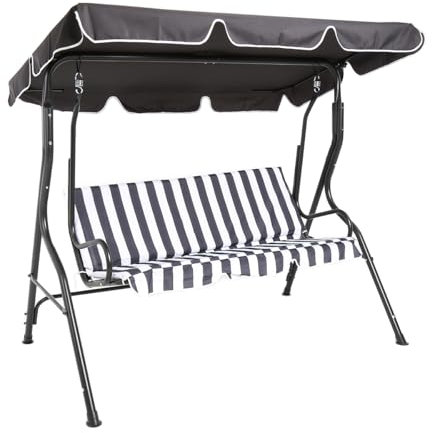 CHARLES BENTLEY 2-3 Seater, Garden, Patio, Outdoor, Swing Seat Hammock Chair, Grey, White Striped, Weatherproof, Swinging Function, Thick Seat, Back Cushion, Steel Frame, Easy To Use (173x111x154cm)