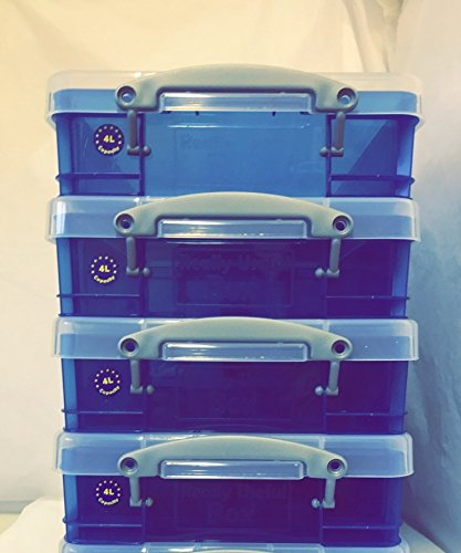 4 x Really Useful 4 Litre Storage Boxes Clear Plastic With Lid - Blue