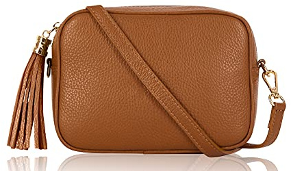 Montte Di Jinne Umhängetasche für Damen, mit Reißverschluss, Quaste, verstellbarer Riemen, 100 % echtes Leder, hergestellt in Italien, dunkelbraun, Length: 20cm Height: 15cm,Width: 8cm