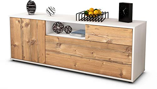 Stil.Zeit TV Schrank Lowboard Amila, Korpus Weiss matt, Front Holz Design Pinie (135x49x35cm), Push to Open Technik & Leichtlaufschienen
