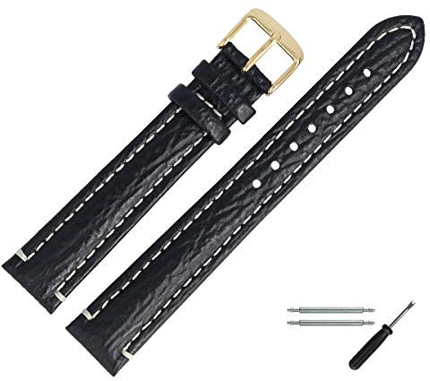MARBURGER Uhrenarmband 20mm Leder Schwarz Gold XL Hai Prägung Mit Naht - Montage Set 6822010000220
