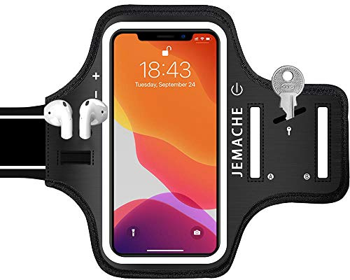iPhone 17 16 15 Pro Armband, JEMACHE Gym Workouts Running Arm Band for iPhone 17/16/15/14/13/12 Pro with Earphone Holder (Dark)