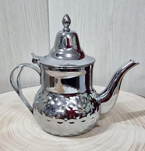 ACCORD Marokkanische Teekanne aus Edelstahl, dekoriert mit integriertem Filter, traditionelles Modell mit klassischem arabischem Design, handgefertigt, silberfarben, 1,2 l