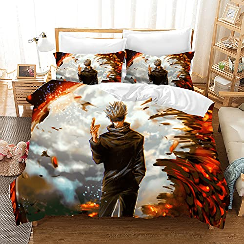 PTNQAZ Anime Jujutsu Kaisen Bettwäsche-Set für Jungen, 3D-Druck, Bettbezug mit Kissenbezügen, Kinder-Bettwäsche (Einzelbett)