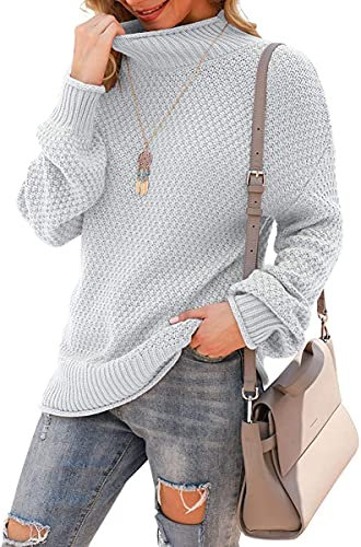 YUNDAI Womens Jumpers Turtleneck Batwing Long Sleeve Loose Oversized Sweater Knitted Pullover Solid Color Chunky Tops for Winter, Small Light Gray