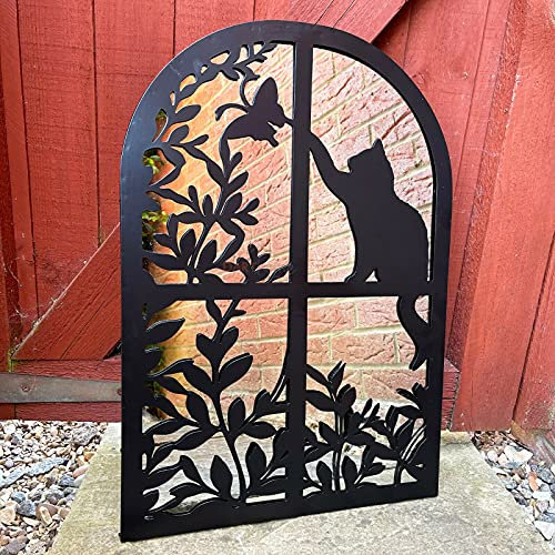 Darthome Ltd Garden Mirror Cat In Window Silhouette Arched Black Metal Outdoor Wall Decor Art