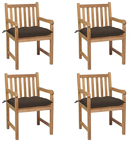 vidaXL 4X Teak Massiv Gartenstuhl mit Taupe Kissen Gartensessel Holzstuhl Stuhl Stühle Sessel Gartenmöbel Gartenstühle Essstuhl Balkon Terrasse