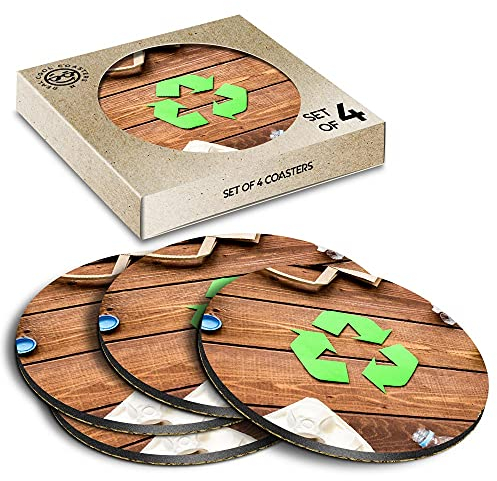 4 x Eco Boxed Cork Coasters - Eco Recycling Symbol Sign Bins Drink Cup Mug Glass Table Mat #21487